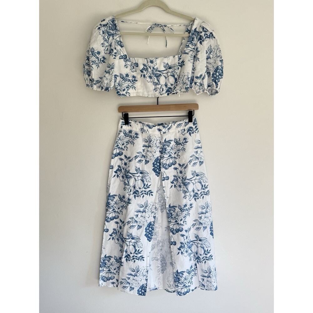 Reformation Jonas Linen 2 Piece Skirt Top Floral Sz 6 Blue White Set Resort - Picture 4 of 16